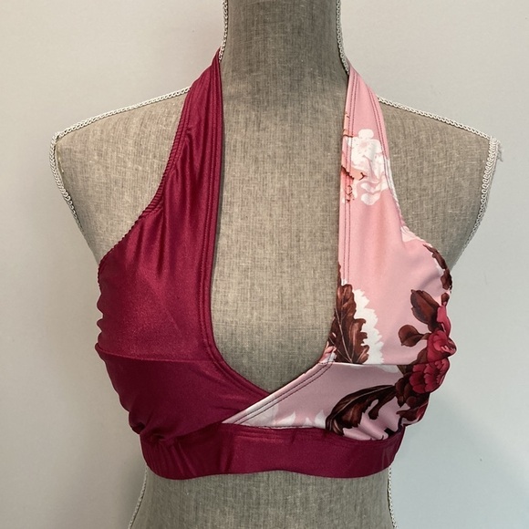 Halter Floral Burgundy Swim Bikini Top Large - Picture 6 of 12